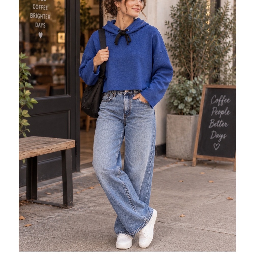 Alala Blue Cropped Hoodie Cotton Bamboo Ribbon Drawstring Small